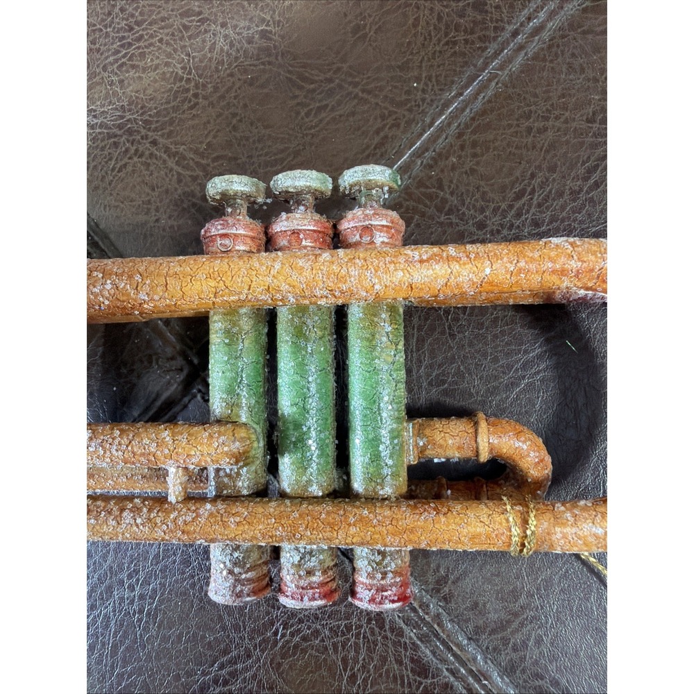 Vintage Style Glitter Trumpet Christmas Ornament Patina Orange Green Musical - Picture 4 of 13